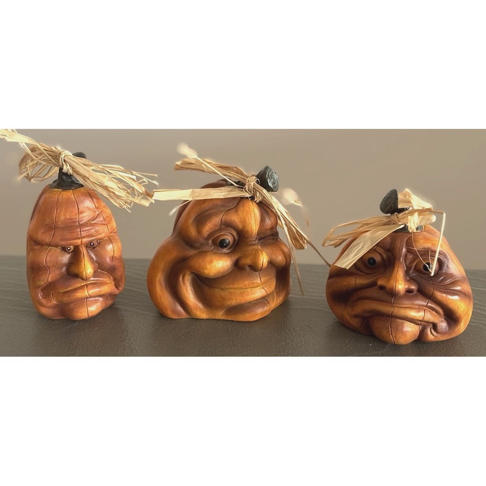 Set of 3 Small Halloween Expressive Pumpkins Decor Human Face Grumpy Gus Resin